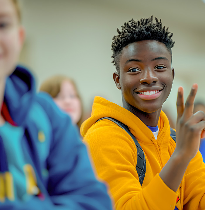 En kille med en orange hoodie från klasströja direkt.